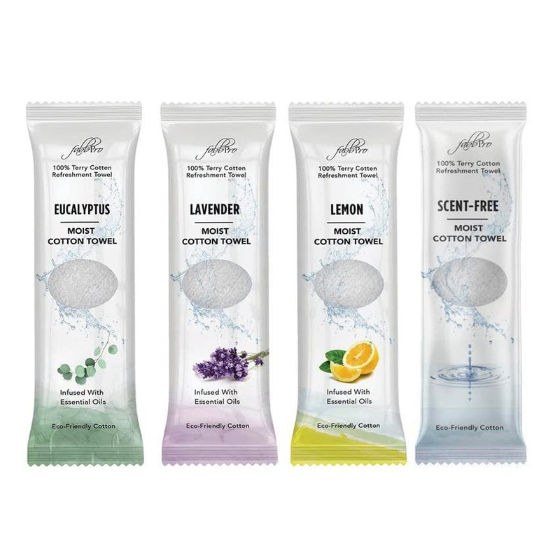 FabbPro Oshibori Moist Terry Cotton Refreshment Towels 100 Pack8x8 InchesWhite Scented Premoistened Essential Oil Infused Towel to Use Hot or Cold  Unscented Lavender Lemon  Eucalyptus Scents
